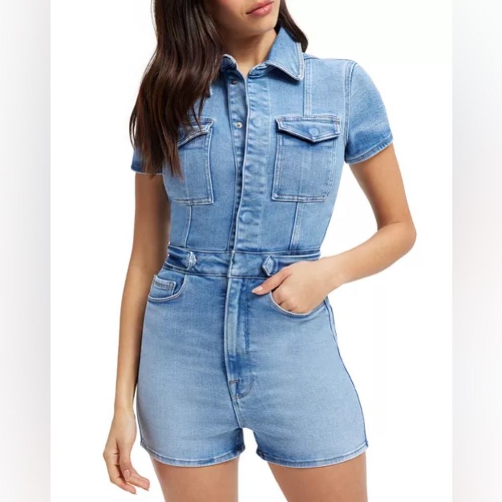 NWT Good American Fit For Success Short Denim Jumpsuit